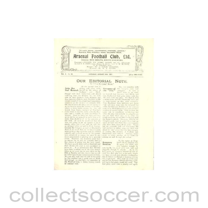 1922 - Arsenal v Chelsea official programme 14/01/1922