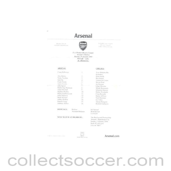 2004 - Arsenal v Chelsea official teamsheet 26/01/2004 F.A. Premier Reserve League
