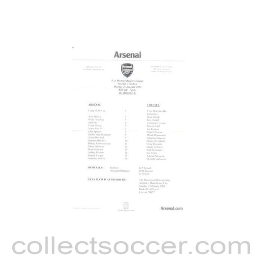 2004 - Arsenal v Chelsea official teamsheet 26/01/2004 F.A. Premier Reserve League