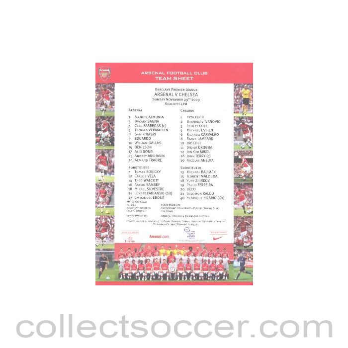 2009 - Arsenal v Chelsea teamsheet 29/11/2009