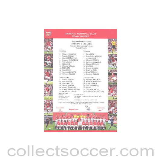 2009 - Arsenal v Chelsea teamsheet 29/11/2009