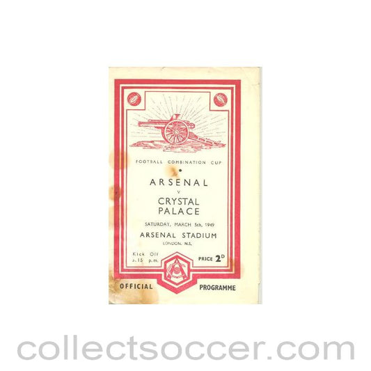 1949 - Arsenal v Crystal Palace official programme 05/03/1949, reduced price