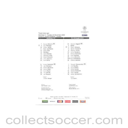2008 - Arsenal v Dynamo Kyiv colour printed teamsheet 25/11/2008 Champions League