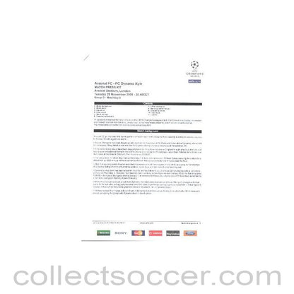 2008 - Arsenal v Dynamo Kyiv press pack 25/11/2008