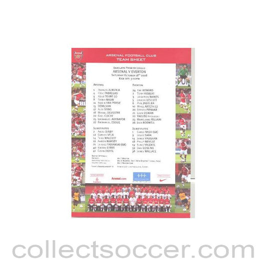 2008 - Arsenal v Everton colour printed teamsheet 18/10/2008 Premier League