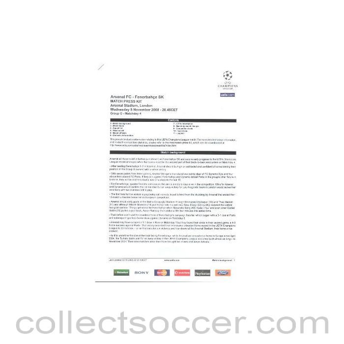 2008 - Arsenal v Fenerbahce press pack 05/11/2008