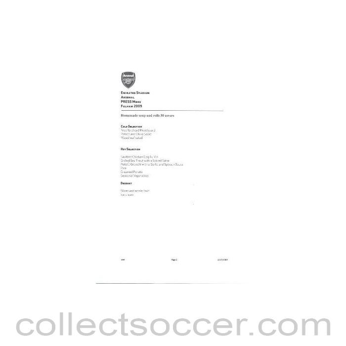 2009 - Arsenal v Fulham press menu 28/02/2009