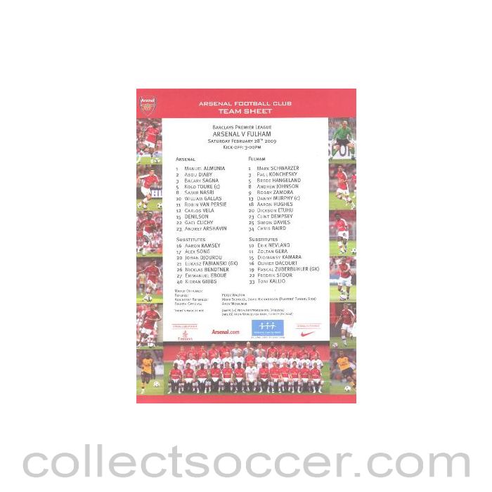 2009 - Arsenal v Fulham official colour printed teamsheet 28/02/2009