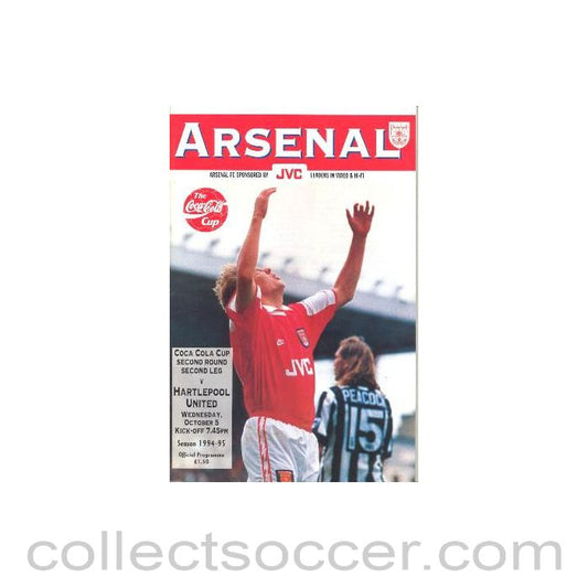 1994 - Arsenal v Hartlepool United official programme 05/10/1994 Coca Cola Cup