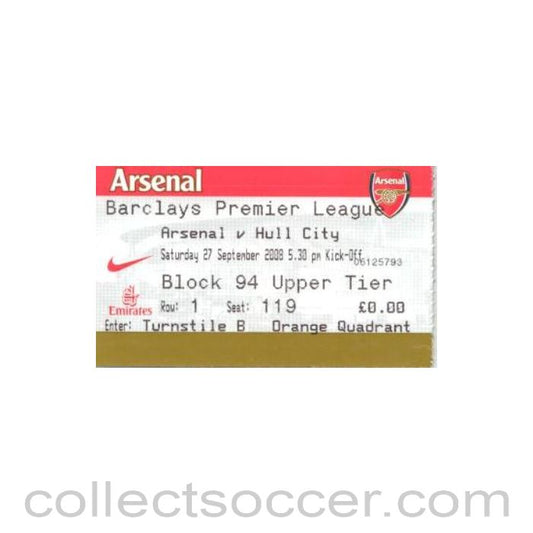 2008 - Arsenal v Hull City ticket 27/09/2008
