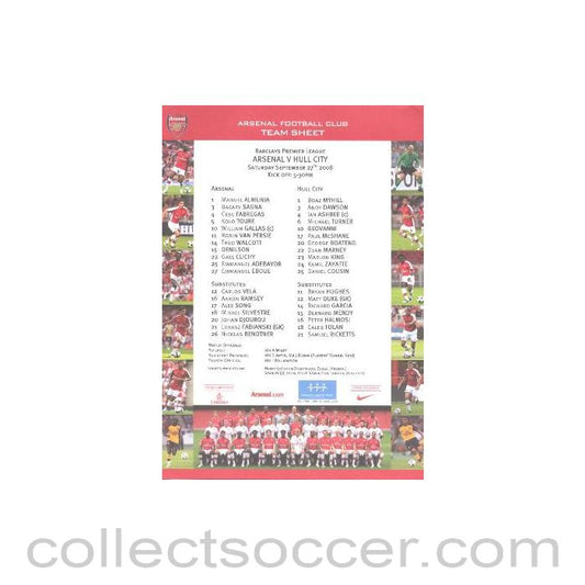 2008 - Arsenal v Hull City colour printed teamsheet 27/09/2008 Premier League