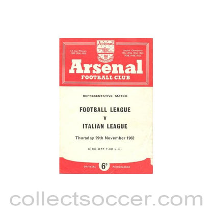 1962 - Football League v Italian League Representative Match at Arsenal 29/11/1962