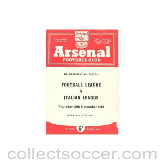 1962 - Football League v Italian League Representative Match at Arsenal 29/11/1962