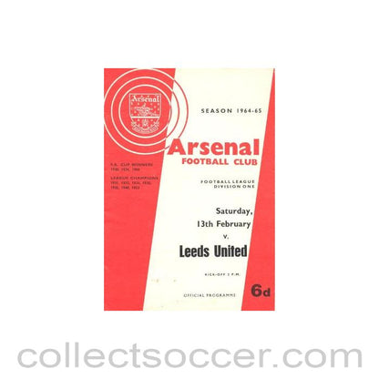 1965 - Arsenal v Leeds United official programme 13/02/1965 Football League