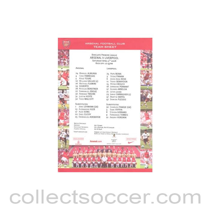 2008 - Arsenal v Liverpool official colour teamsheet 05/04/2008 Premier League