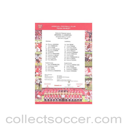 2008 - Arsenal v Liverpool official colour teamsheet 05/04/2008 Premier League