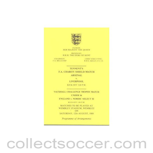 1989 Charity Shield Arsenal v Liverpool Programme of Arrangements for the Royal Box