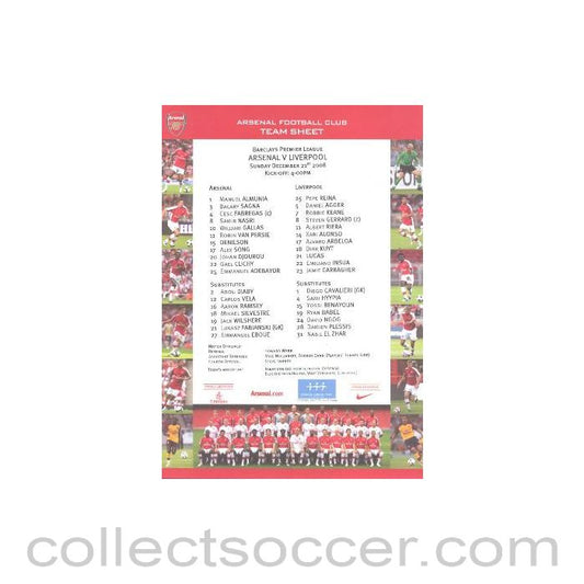 2008 - Arsenal v Liverpool official colour printed teamsheet 21/12/2008