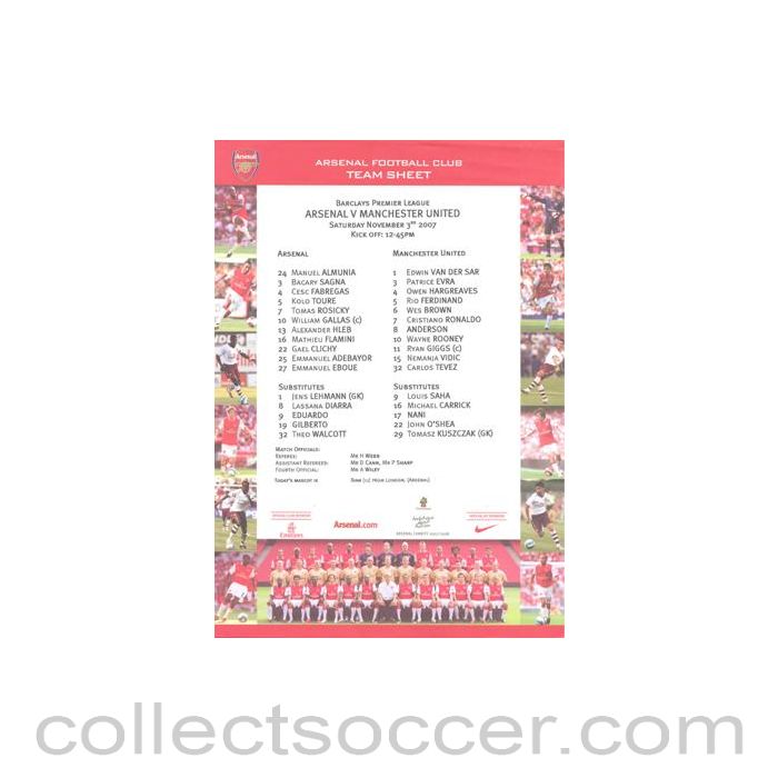 2007 - Arsenal v Manchester United official colour teamsheet 03/11/2007 Premier League