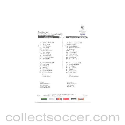 2009 - Arsenal v Manchester United official teamsheet 05/05/2009