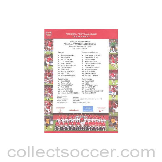 2008 - Arsenal v Manchester United colour printed teamsheet 08/11/2008 Premier League