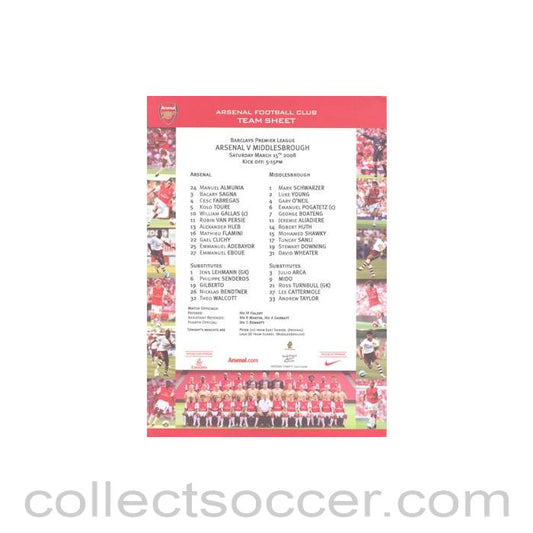 2008 - Arsenal v Middlesbrough official colour teamsheet 15/03/2008 Premier League