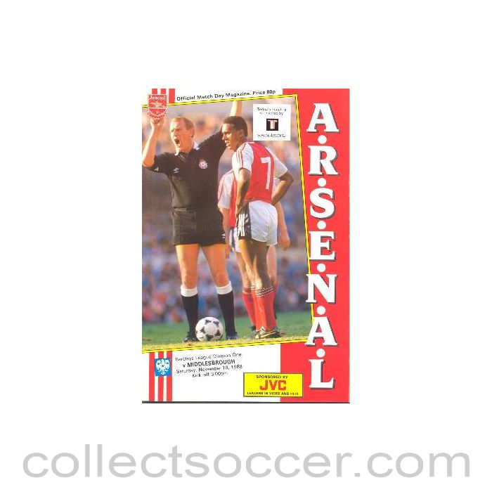 1988 - Arsenal v Middlesbrough official programme 19/11/1988 League Cup