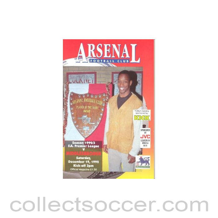 1992 - Arsenal v Middlesbrough official programme 19/12/1992 Premier League
