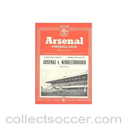 1954 - Arsenal v Middlesbrough official programme 24/04/1954