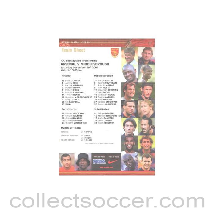 2001 - Arsenal v Middlesbrough official colour teamsheet 29/12/2001 Premier League