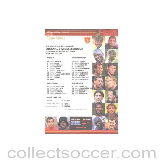 2001 - Arsenal v Middlesbrough official colour teamsheet 29/12/2001 Premier League