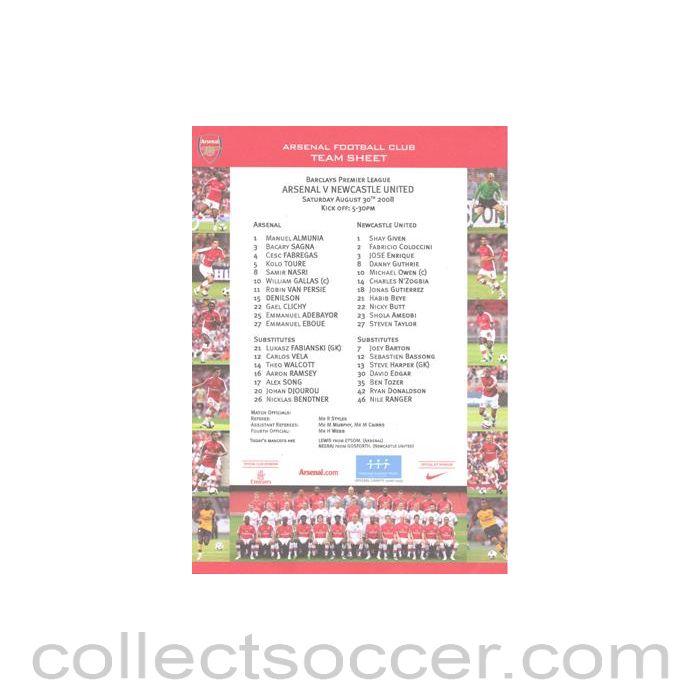 2008 - Arsenal v Newcastle United official colour teamsheet 30/08/2008 Premier League