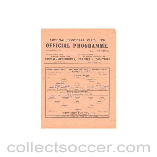 1945 - Arsenal v Newport County official programme 26/12/1945
