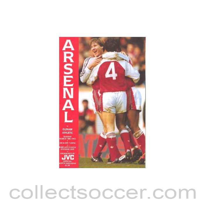 1992 - Arsenal v Oldham Athletic official programme 10/03/1992 Football League