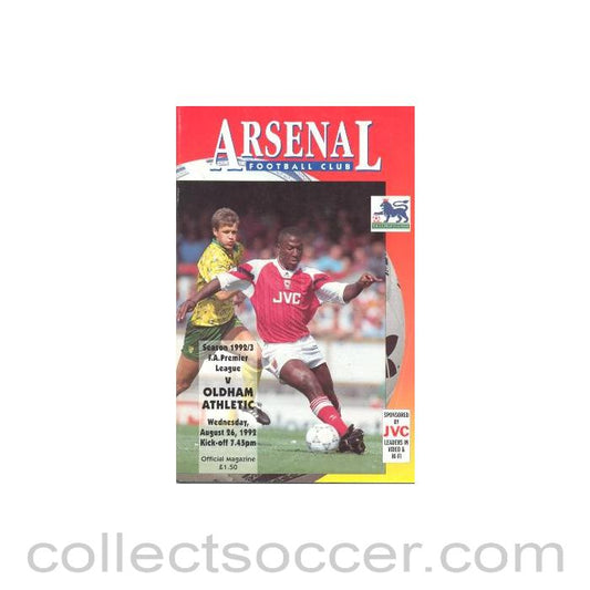 1992 - Arsenal v Oldham Athletic official programme 26/08/1992 Premier League