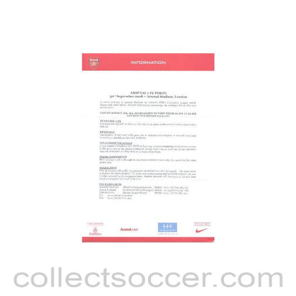 2008 - Arsenal v Porto press information in a wallet 30/09/2008