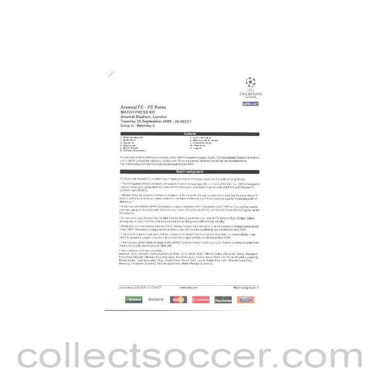 2008 - Arsenal v Porto press pack 30/09/2008