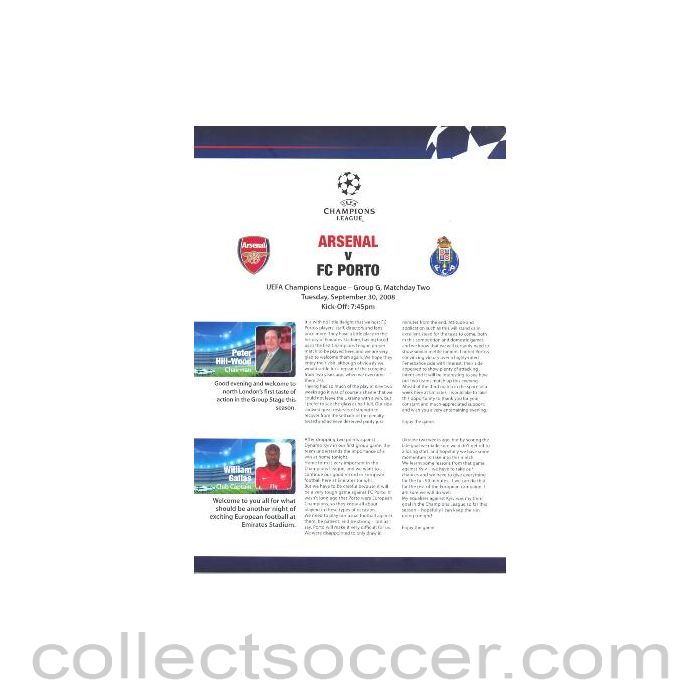 2008 - Arsenal v Porto Arsenal produced press pack 30/09/2008