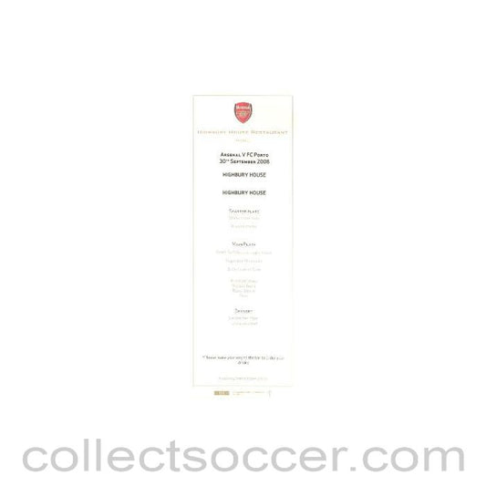 2008 - Arsenal v Porto menu 30.09.2008