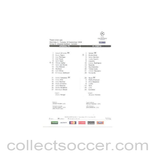 2008 - Arsenal v Porto colour printed teamsheet 30/09/2008 Champions League