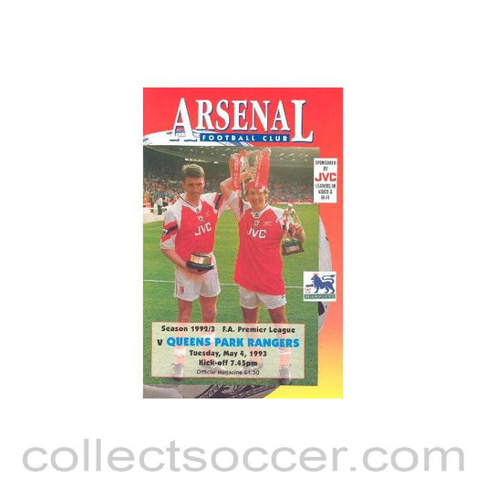 1993 - Arsenal v Queen's Park Rangers official programme 04/05/1993 Premier League
