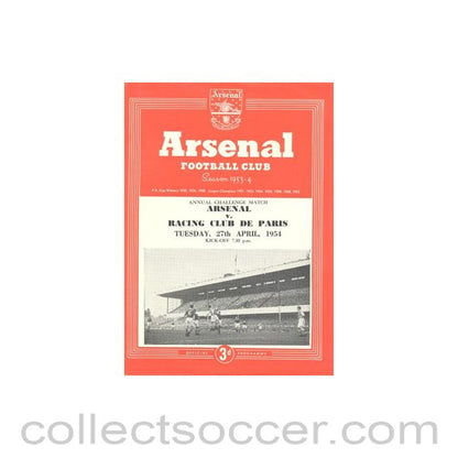 1954 - Arsenal v Racing Club de Paris official programme 27/04/1954 Annual Challenge Match