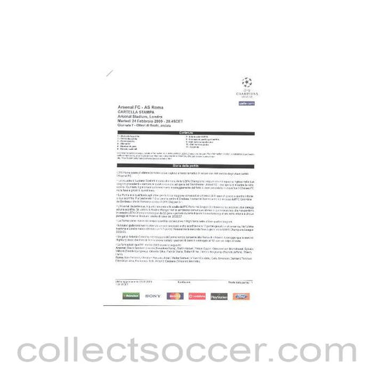 2009 - Arsenal v Roma Press Kit in Italian 24/02/2009