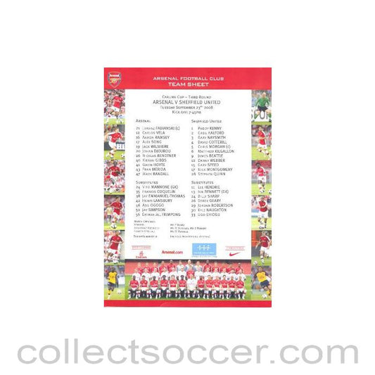2008 - Arsenal v Sheffield United colour printed teamsheet 23/09/2008