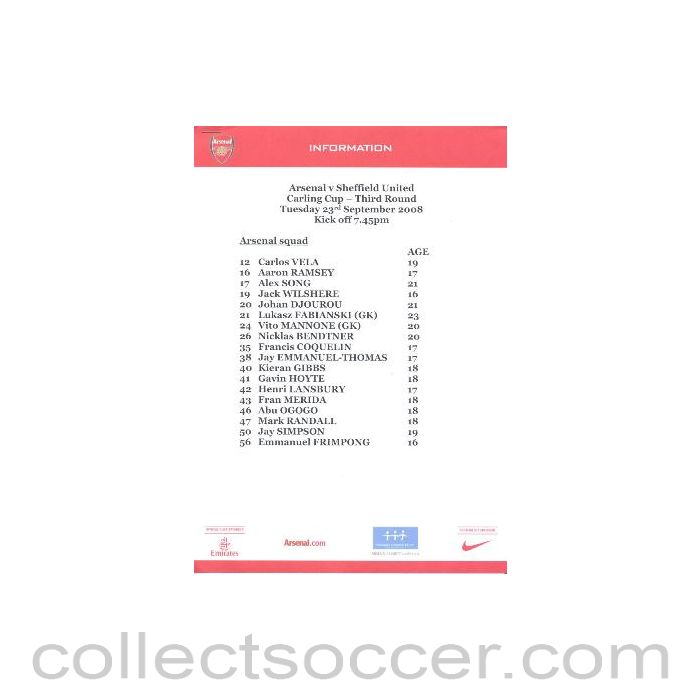 2008 - Arsenal v Sheffield United Arsenal produced colour printed press pack with biographies of players 23/09/2008