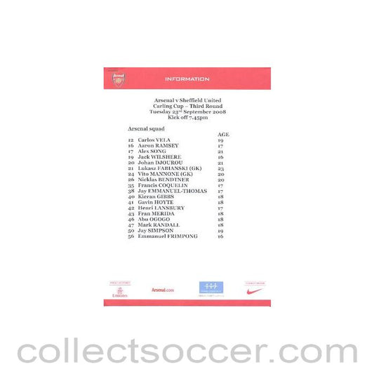 2008 - Arsenal v Sheffield United Arsenal produced colour printed press pack with biographies of players 23/09/2008
