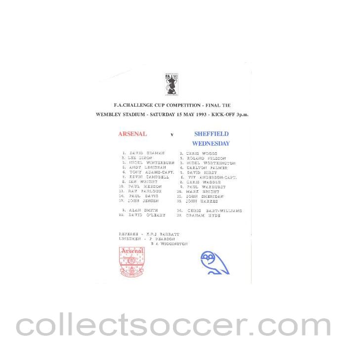 1993 - Arsenal v Sheffield Wednesday official teamsheet 15/05/1993 FA Cup Final