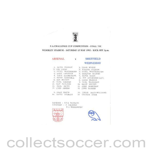 1993 - Arsenal v Sheffield Wednesday official teamsheet 15/05/1993 FA Cup Final