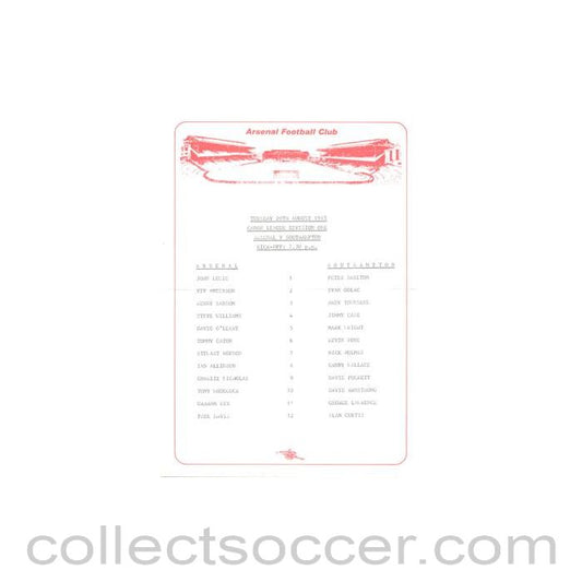 1985 - Arsenal v Southampton official teamsheet 20/08/1985 Canon League