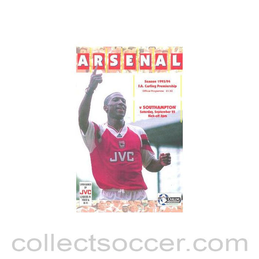 1993 - Arsenal v Southampton official programme 25/09/1993 Carling Premiership